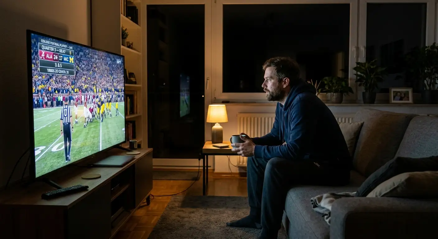 Zuschauer verfolgt das College Football Playoff spät nachts im deutschen Wohnzimmer am Fernseher