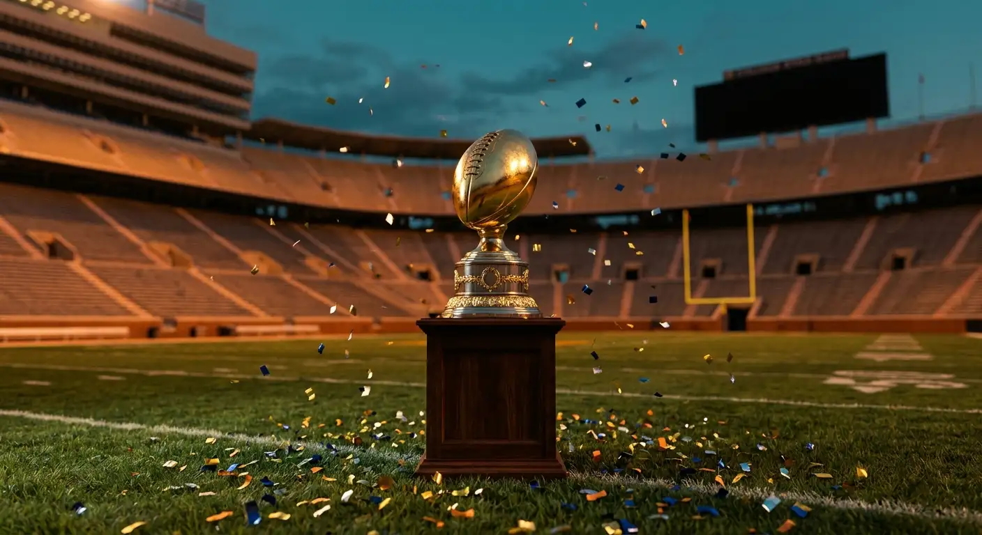 Trophäe des College Football Playoff auf dem Rasen eines Universitäts-Stadions