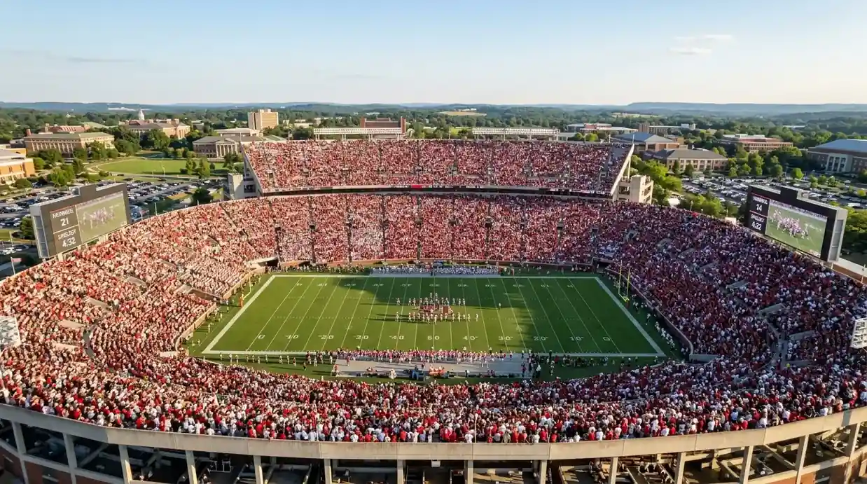 Vollbesetztes College-Football-Stadion mit über 100.000 Zuschauern aus der Vogelperspektive