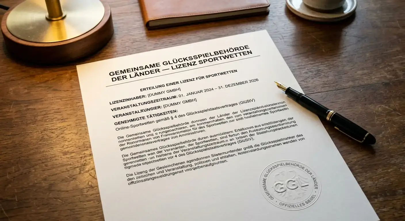 Offizielles Dokument einer deutschen GGL-Sportwetten-Lizenz mit Behördensiegel auf einem Schreibtisch