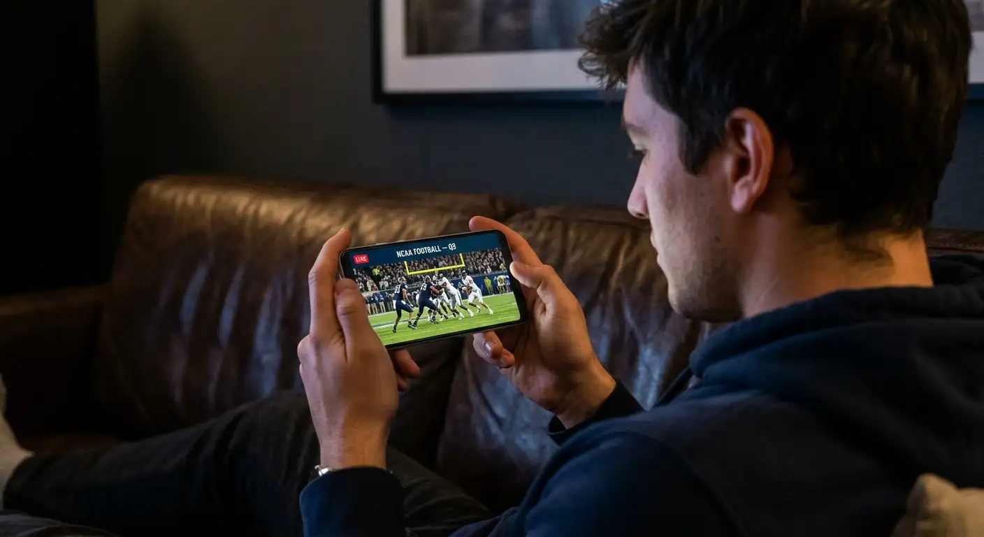 Tipper schaut ein College-Football-Spiel als Live-Stream auf dem Smartphone und platziert In-Play-Wetten