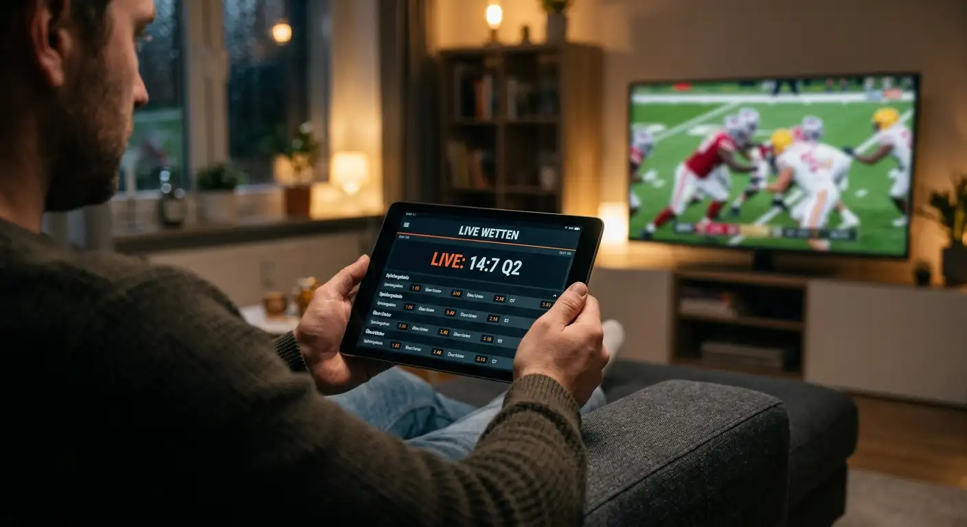 Tipper verfolgt ein College-Football-Spiel auf einem Tablet und platziert eine Live-Wette