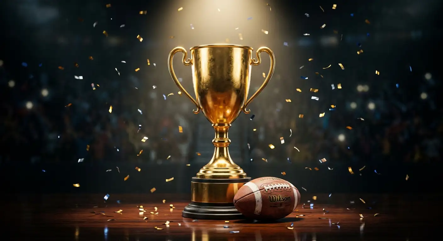 College-Football-Meisterschaftstrophäe auf dem Spielfeld als Symbol für National-Champion-Future-Wetten