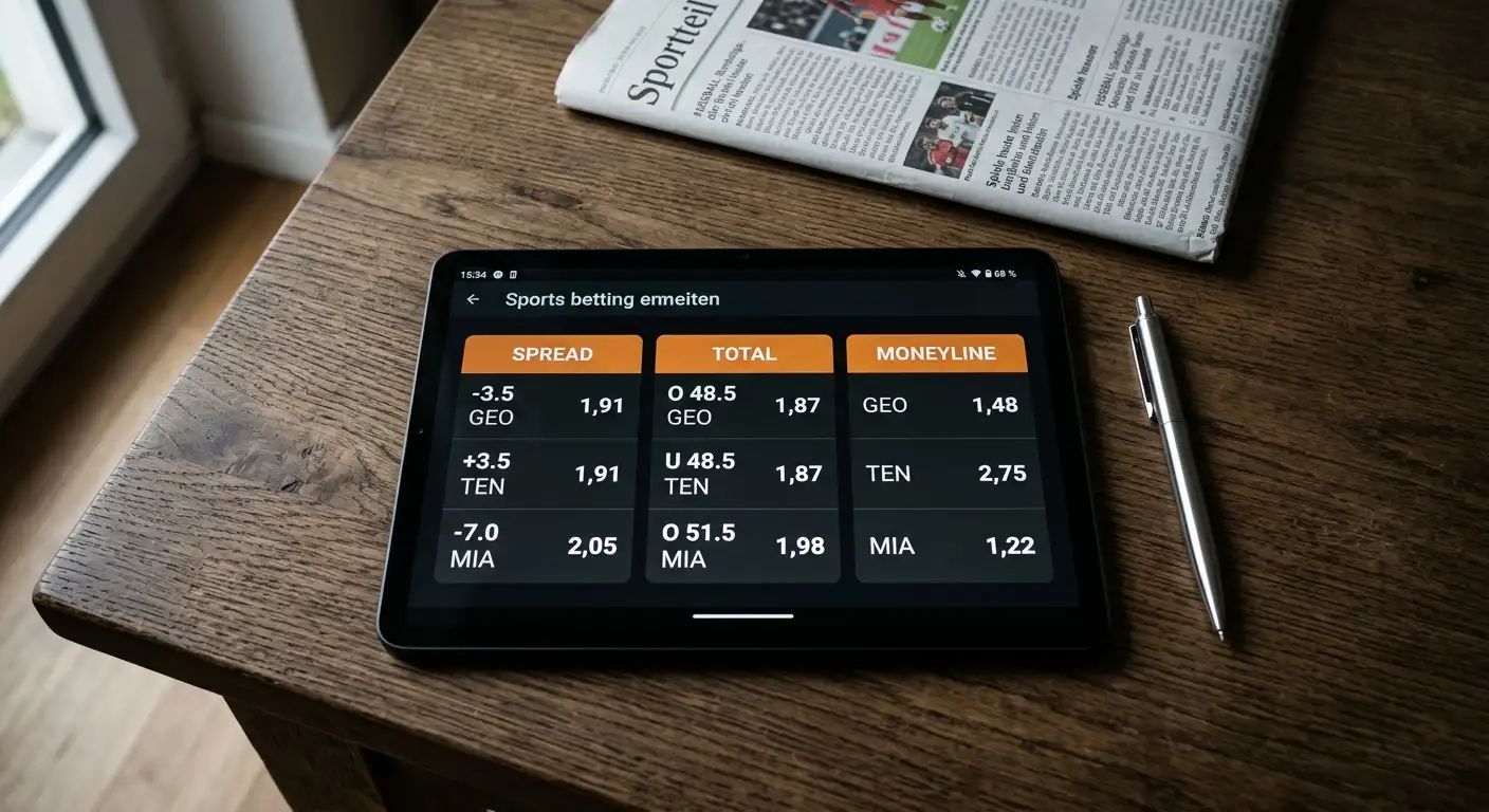 Tablet mit dezimalen NCAA-Football-Quoten — Spread, Total und Moneyline nebeneinander
