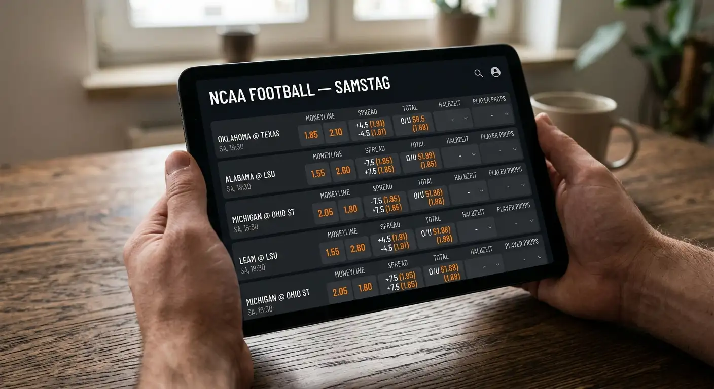 Tablet zeigt mehrere Wettmärkte für ein NCAA-Football-Spiel bei einem deutschen Sportwetten-Anbieter