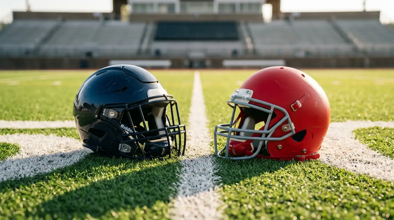 Zwei Football-Helme auf einem Spielfeld nebeneinander als Sinnbild für den Vergleich zwischen NFL und NCAA