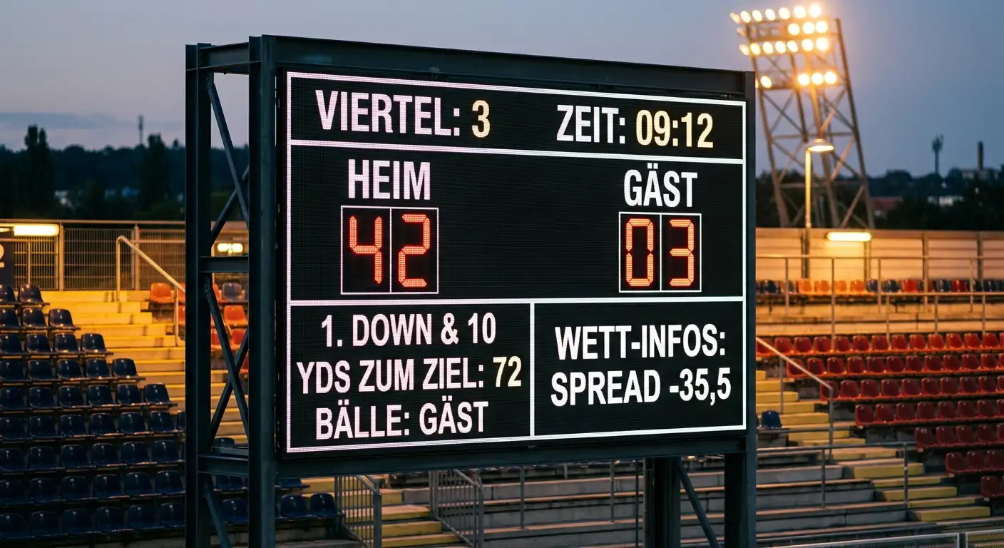Anzeigetafel eines College-Football-Spiels mit einem hohen Spread und großem Punktevorsprung des Favoriten