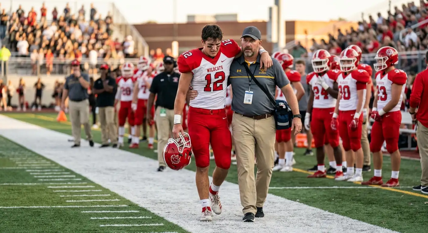 Athletiktrainer hilft einem College-Football-Quarterback nach einer Verletzung vom Spielfeld