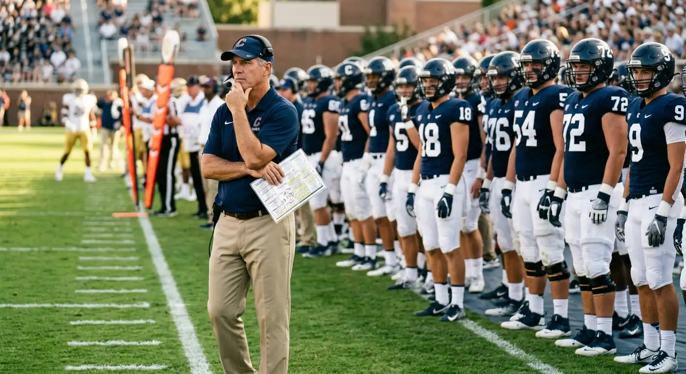 College-Football-Cheftrainer mit Klemmbrett vor seinem Power-Four-Team auf der Seitenlinie