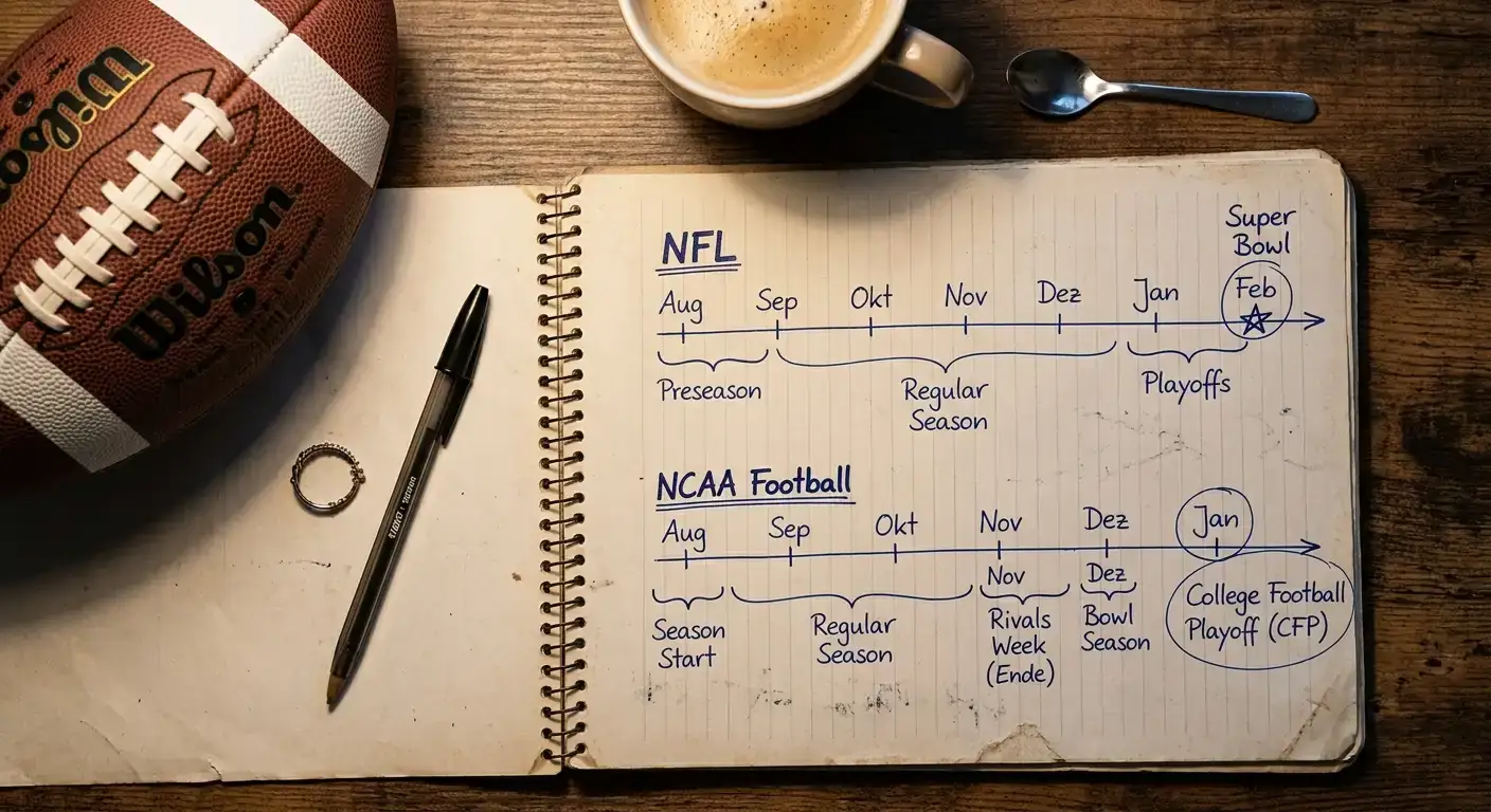 Zeitstrahl in einem Notizbuch mit den Saisonphasen von NFL und College Football nebeneinander