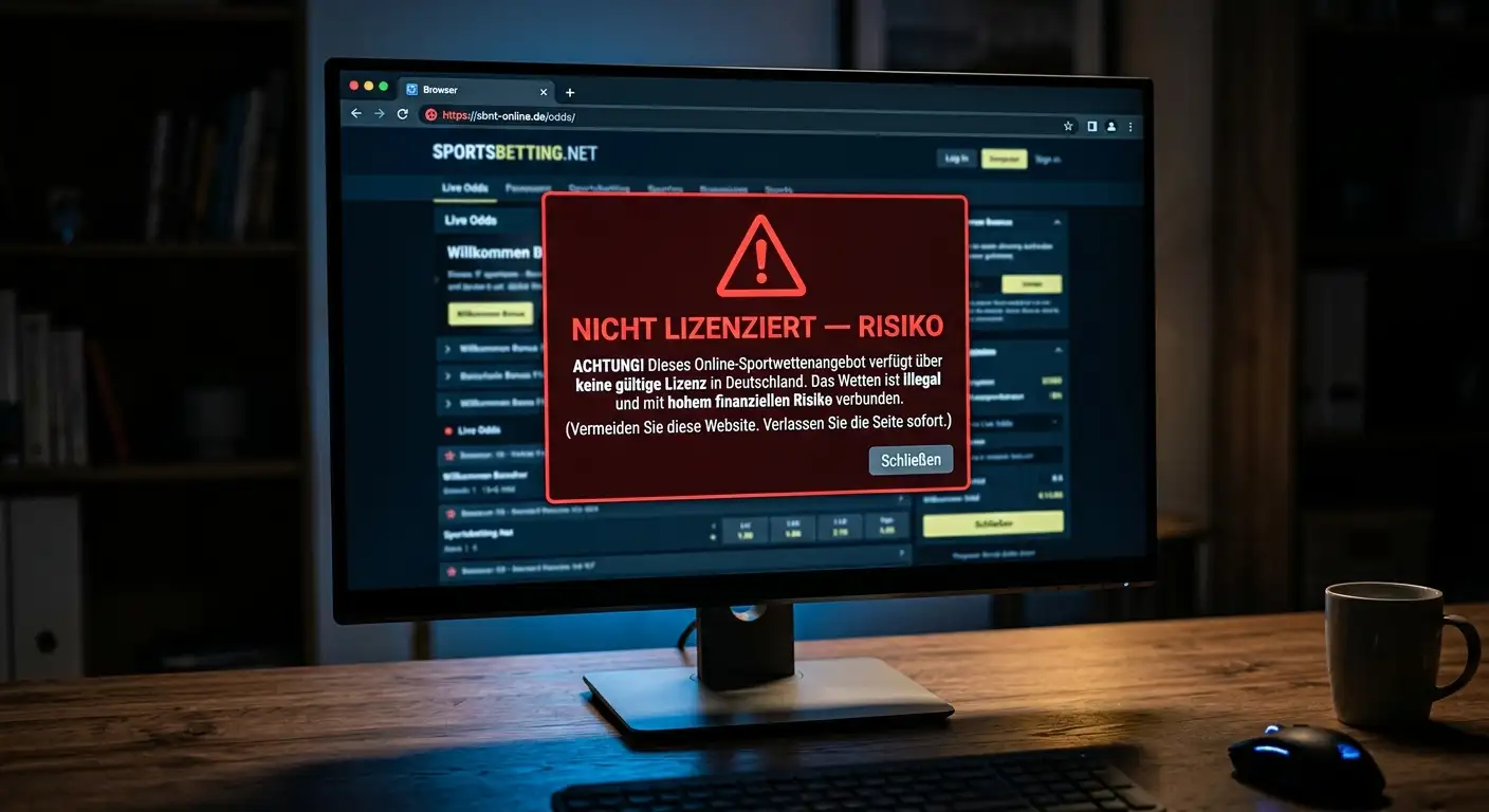 Roter Warnhinweis auf einem Bildschirm mit einer nicht lizenzierten Sportwetten-Webseite als Warnsignal