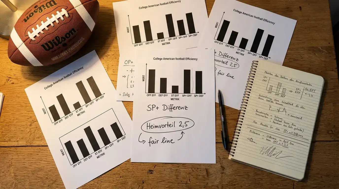 Schreibtisch mit Ausdrucken von College-Football-Effizienz-Statistiken und Notizen zu einer SP+-Bewertung