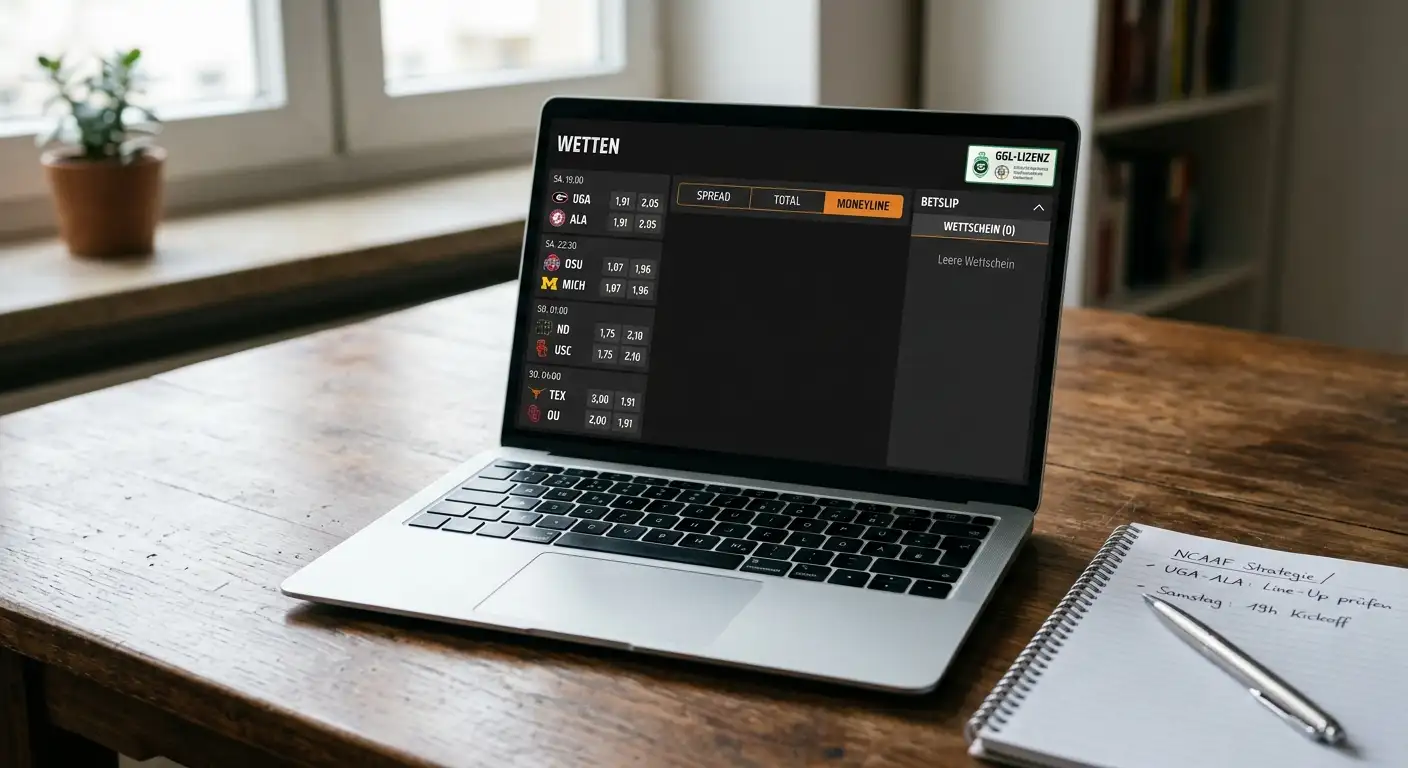 Laptop mit der Quoten-Übersicht eines GGL-lizenzierten Wettanbieters für College Football