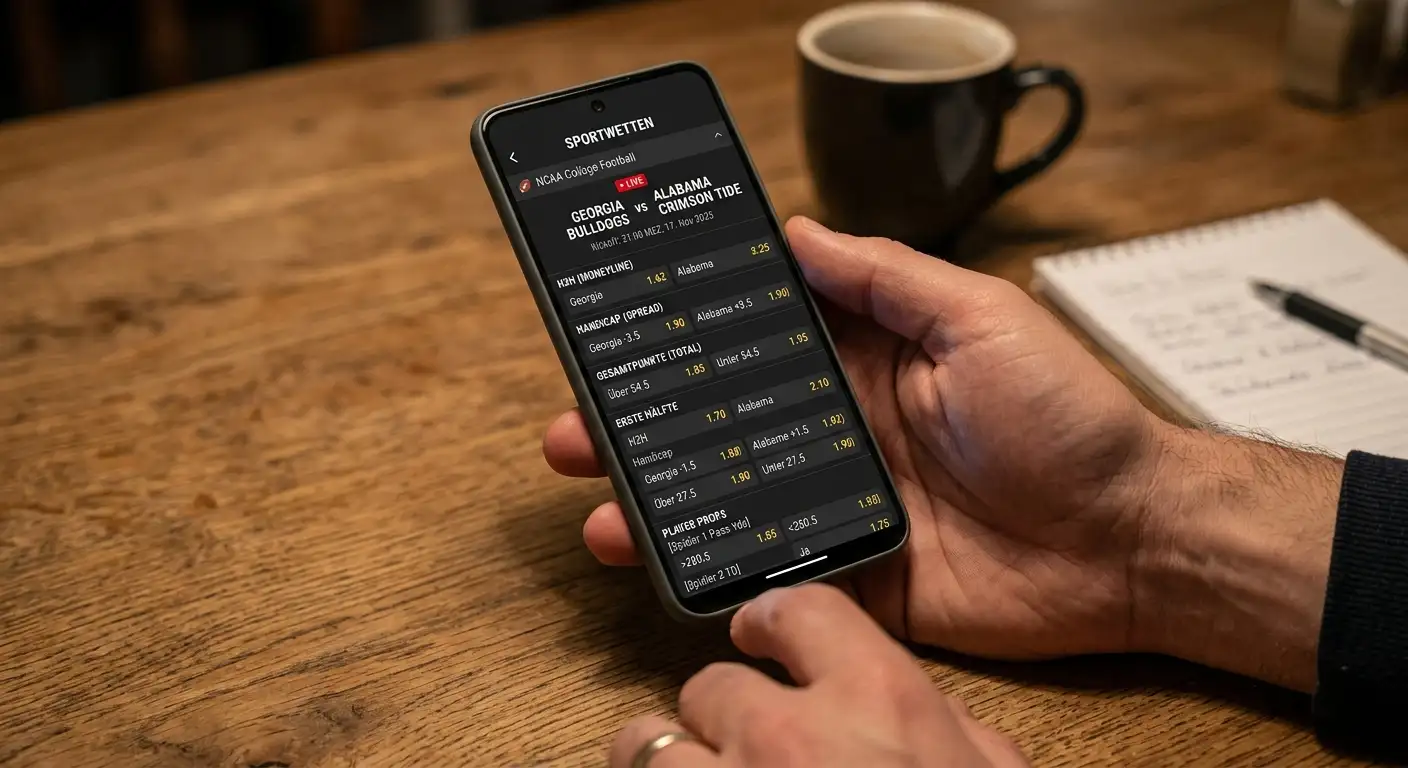 Smartphone-Ansicht eines Sportwetten-Anbieters mit mehreren NCAA-Football-Wettmärkten