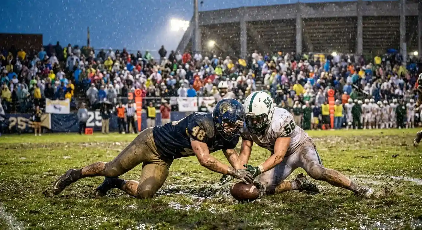 College-Football-Spiel im strömenden Regen auf nassem Spielfeld mit reduzierter Sicht