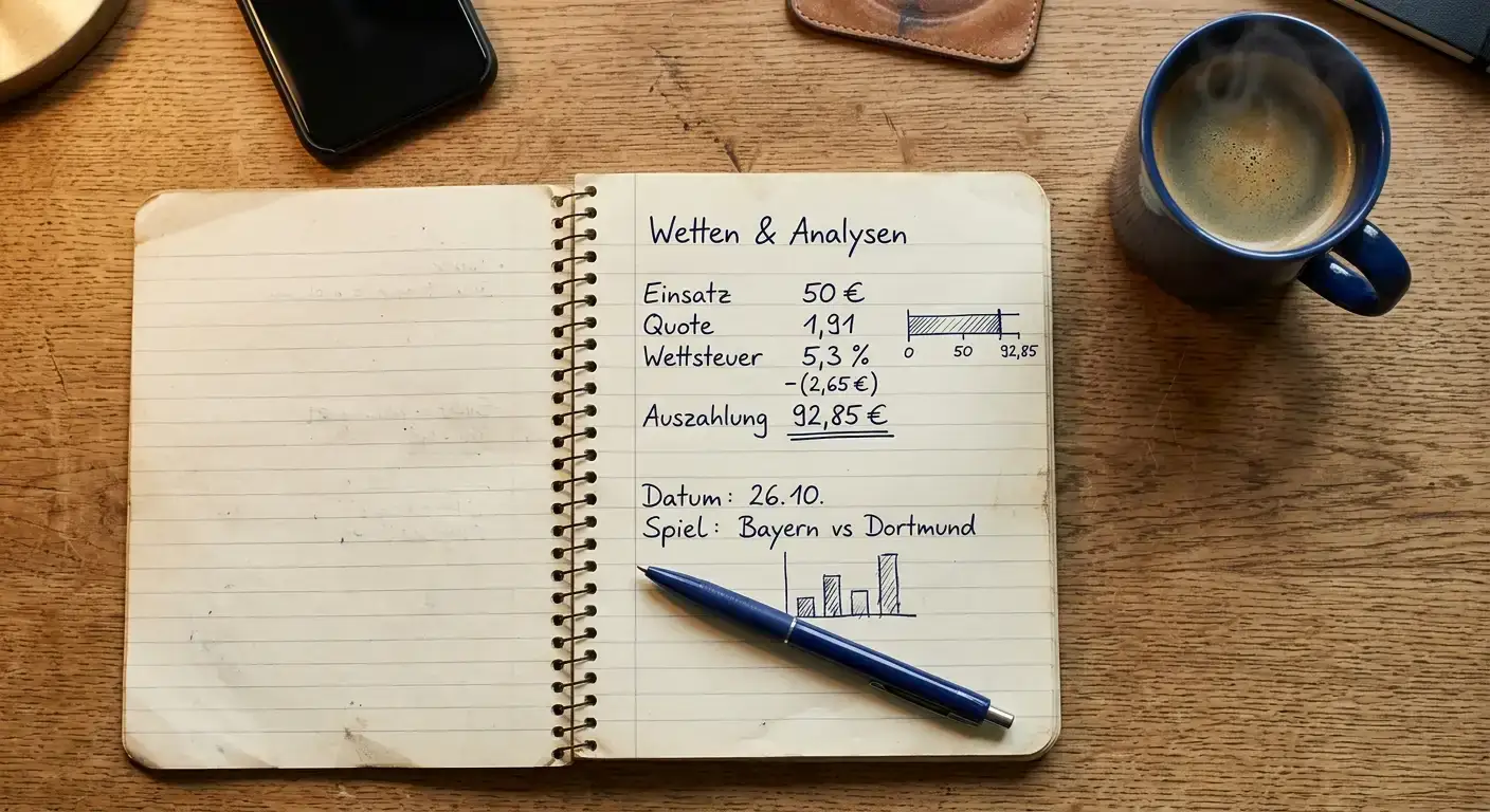Hände eines Tippers, der die Wettsteuer-Berechnung eines College-Football-Tipps in einem Notizbuch durchrechnet