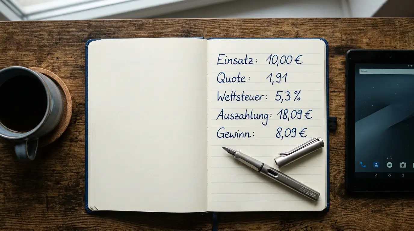 Notizbuch mit handschriftlicher Rechnung zur deutschen Wettsteuer und Quotenanpassung